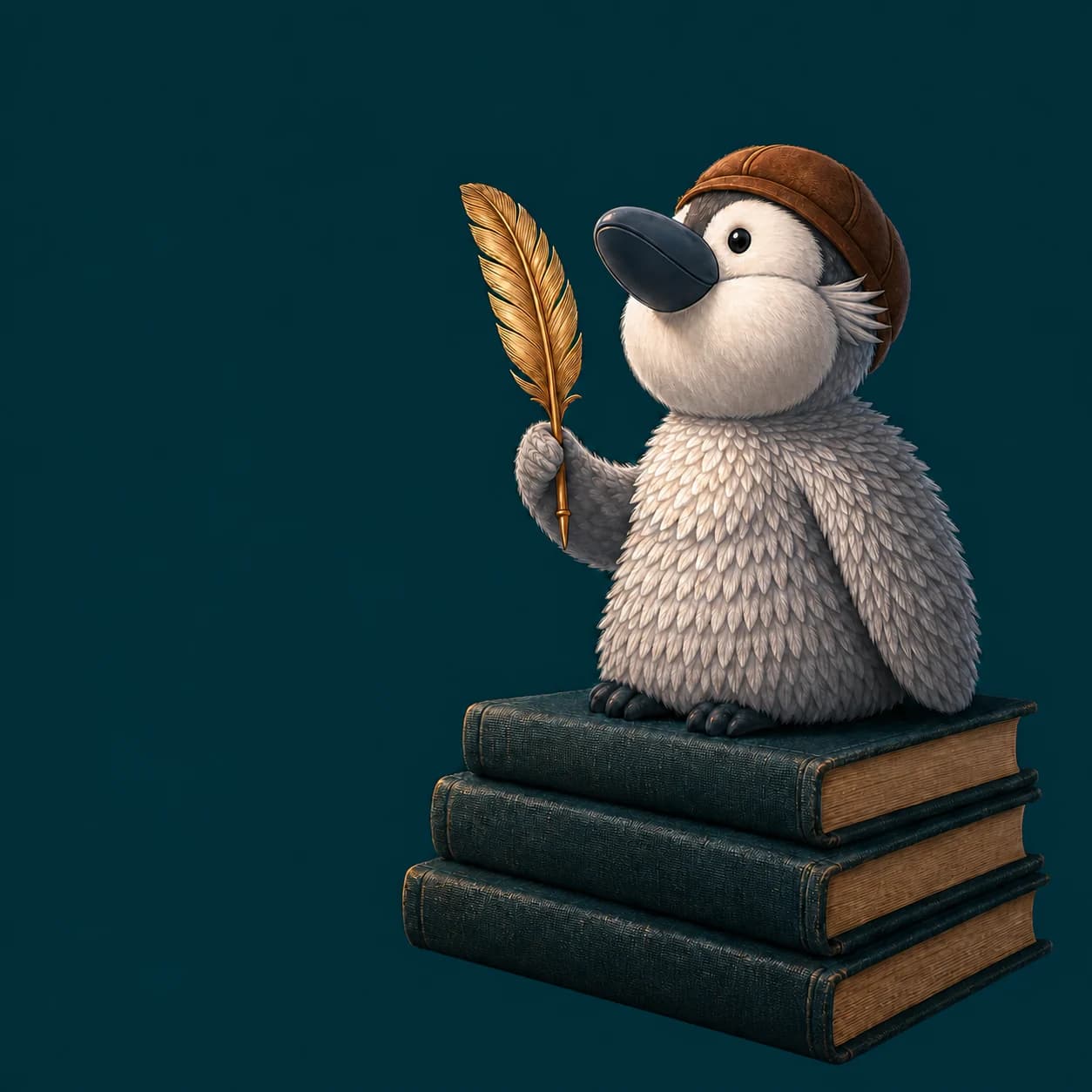 Der Bookfound-Pinguin sitzt mit einer goldenen Feder auf einem Stapel Bücher.