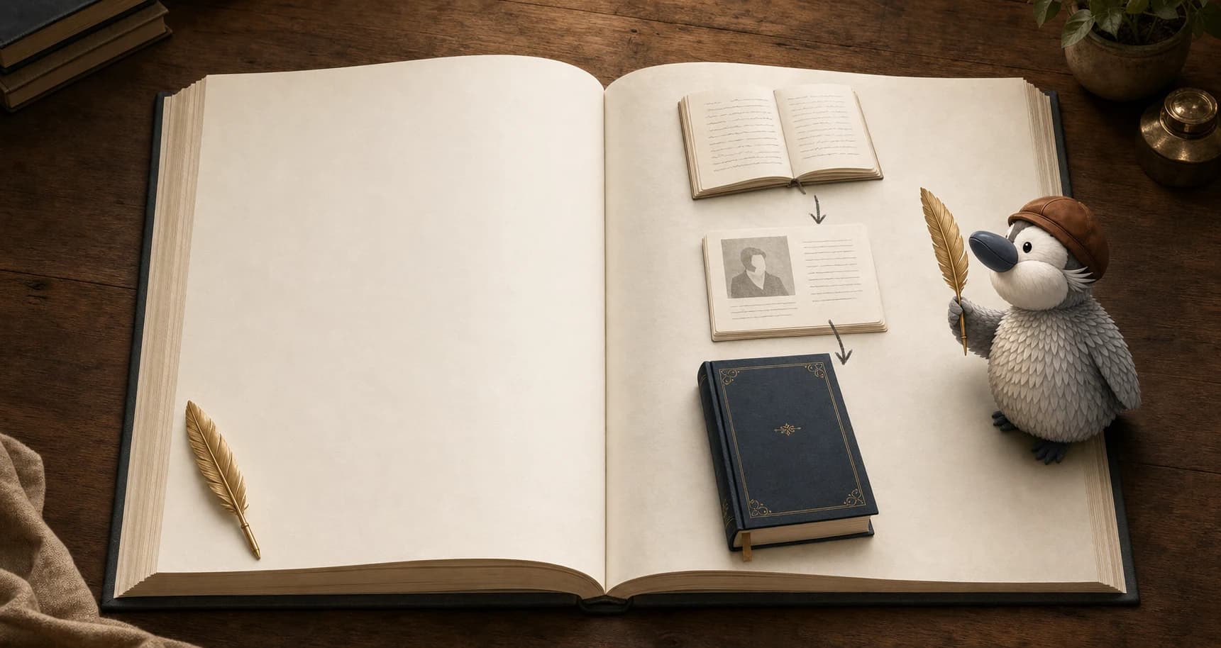 Vom Manuskript über die Buchgestaltung bis zum fertigen Buch, begleitet vom Bookfound-Pinguin.
