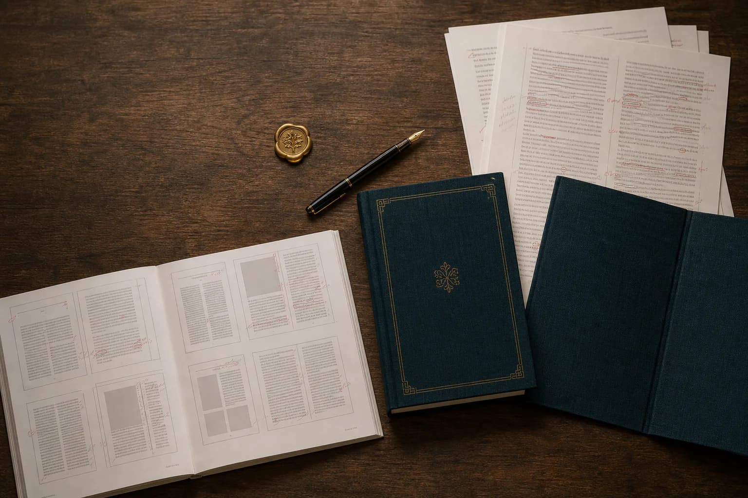 Manuskriptseiten, Layoutentwürfe und ein hochwertig gebundenes Buch in einer professionellen Buchwerkstatt.