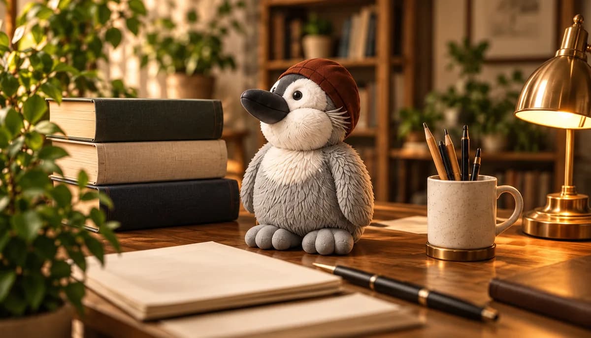 Der Bookfound-Pinguin mit Büchern und Manuskript am warm beleuchteten Schreibtisch.