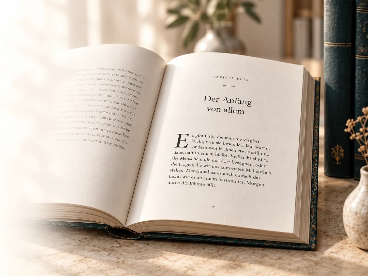 Ein hochwertig gesetztes, aufgeschlagenes Buch auf einem warmen Arbeitstisch.
