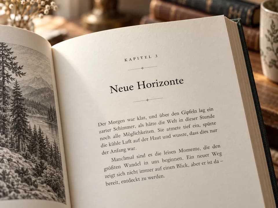 Gestalteter Kapitelanfang in einem aufgeschlagenen Buch mit ruhigem Satzspiegel.