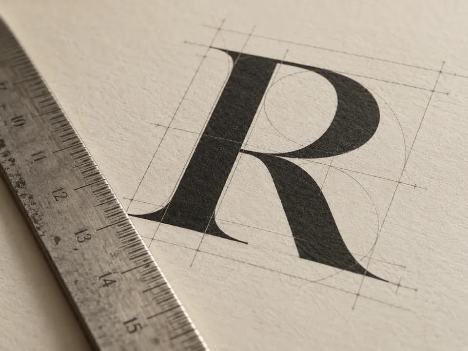 Serifenbuchstabe auf cremefarbenem Papier mit typografischen Hilfslinien und einem Lineal.