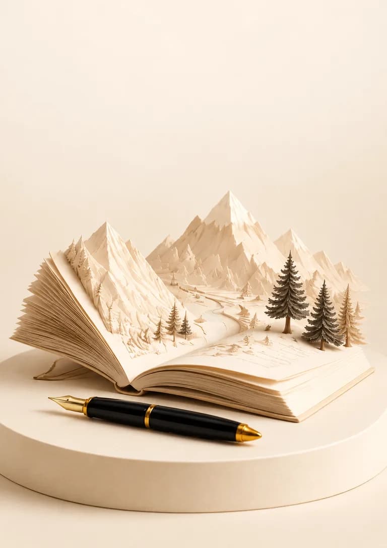 Aus einem offenen Buch entfaltet sich eine Landschaft aus Papierbergen und Bäumen