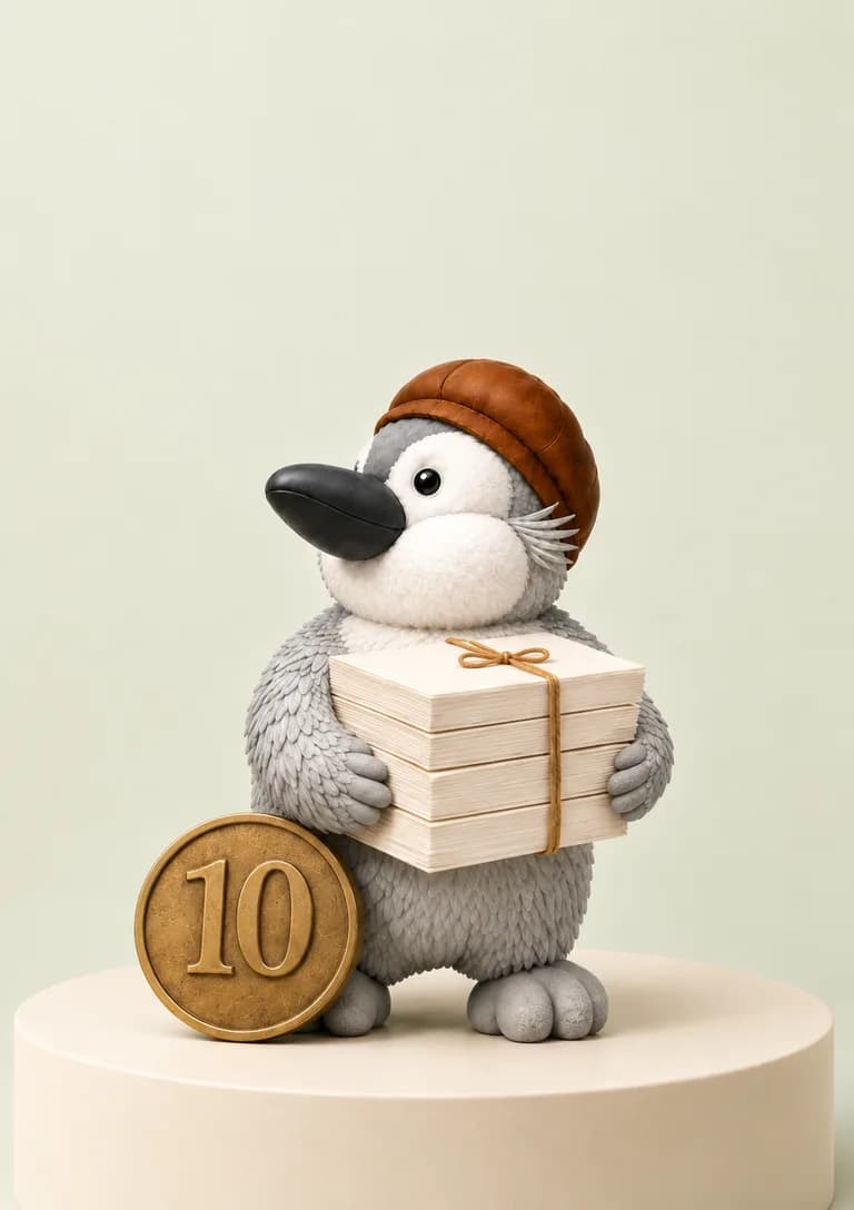 Bookfound-Pinguin hält ein Manuskript neben einer goldenen 10-Euro-Marke