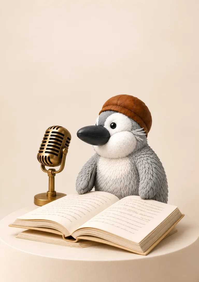 Bookfound-Pinguin liest ein Manuskript neben einem Messingmikrofon